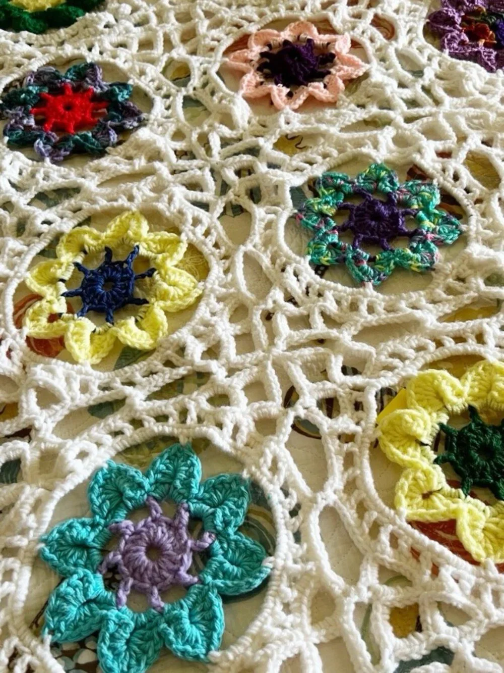 Colorful Fancy Granny Square w/ White Border Crochet Afghan Blanket Throw 50x100